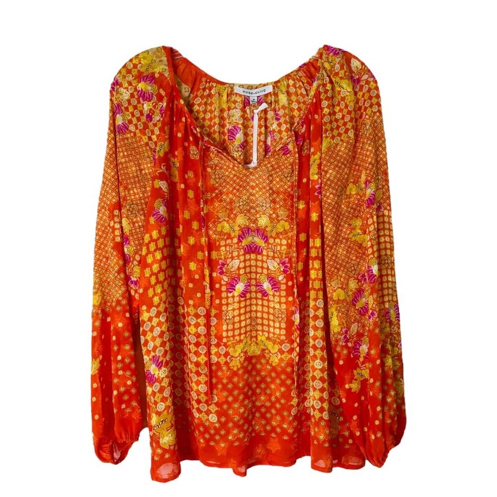 NWT Rose & Olive orange yellow chiffon floral boho top medium